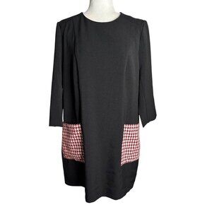 Asos Shift Dress Black Size 14 Red White Houndstooth Pockets Lined Zipper